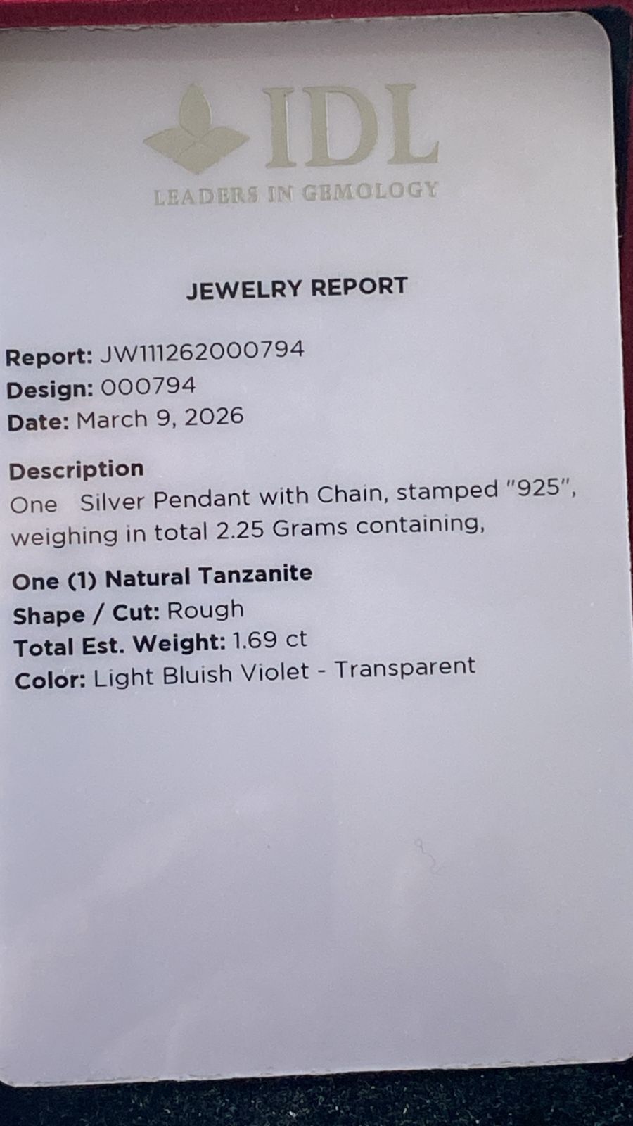 Tanzanite Pendant 1.69 cts