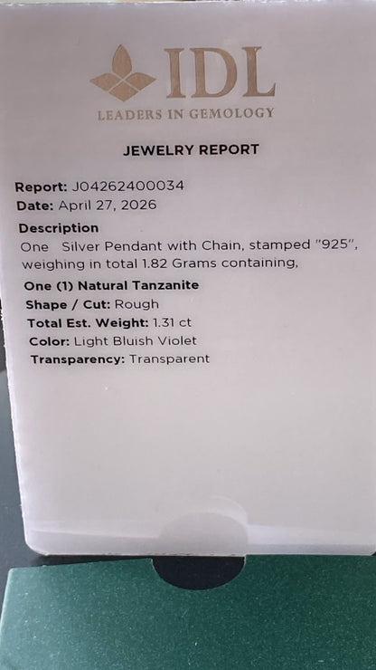 Raw Tanzanite Crystal Pendant 925 Sterling Silver 1.31 cts.