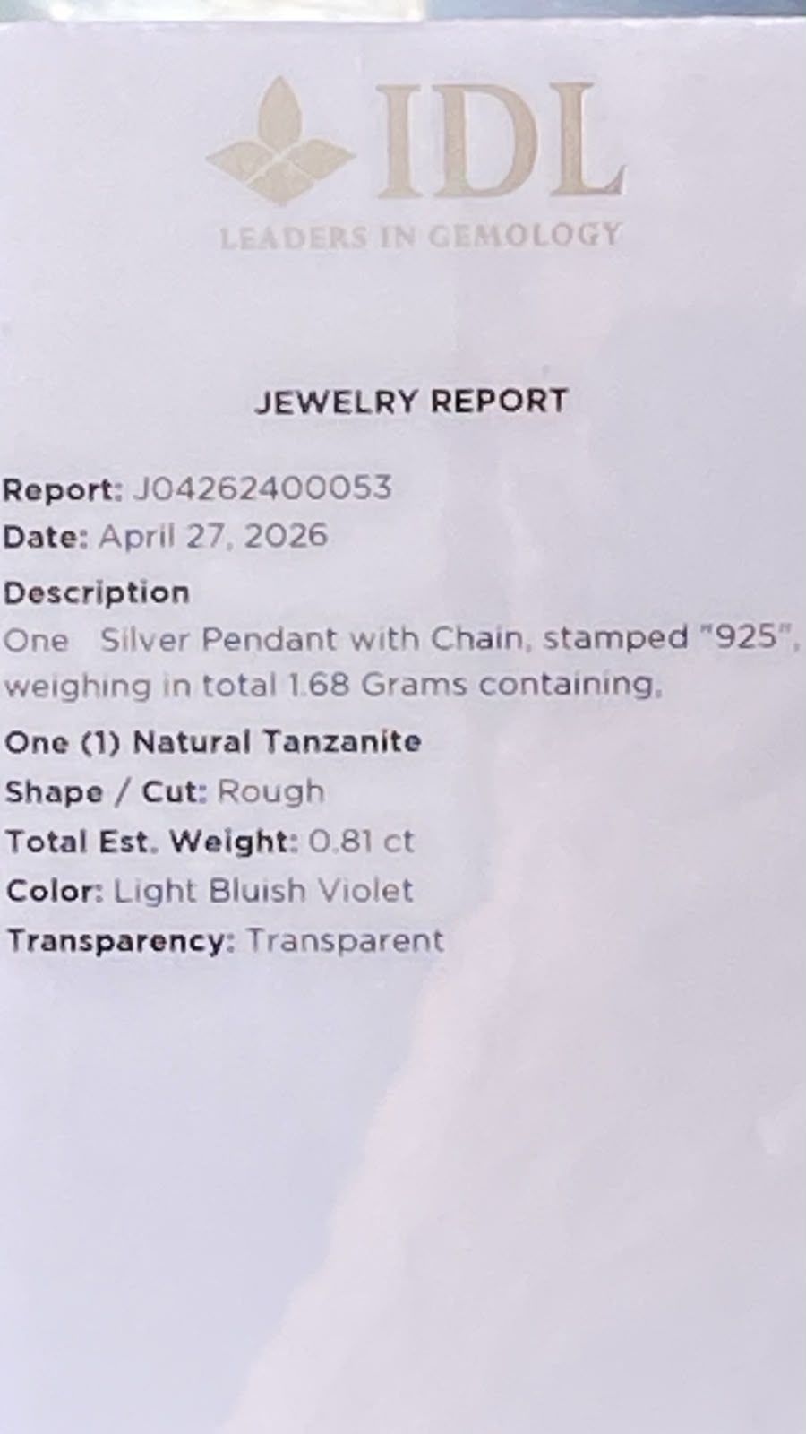 Certified Raw Tanzanite Pendant Single Origin 0.81 cts