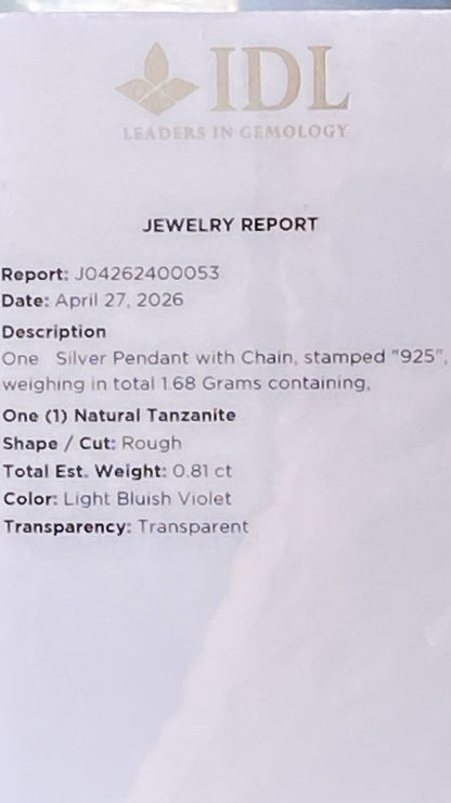 Certified Raw Tanzanite Pendant Single Origin 0.81 cts