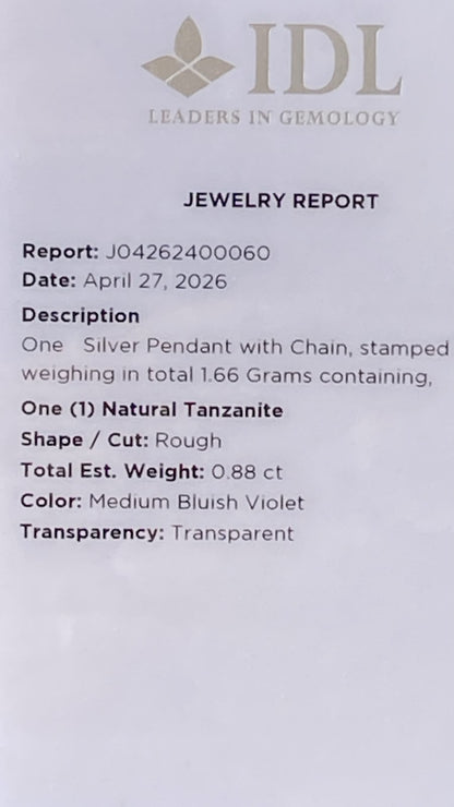 Raw Tanzanite Pendant Certified Merelani  1.81 cts