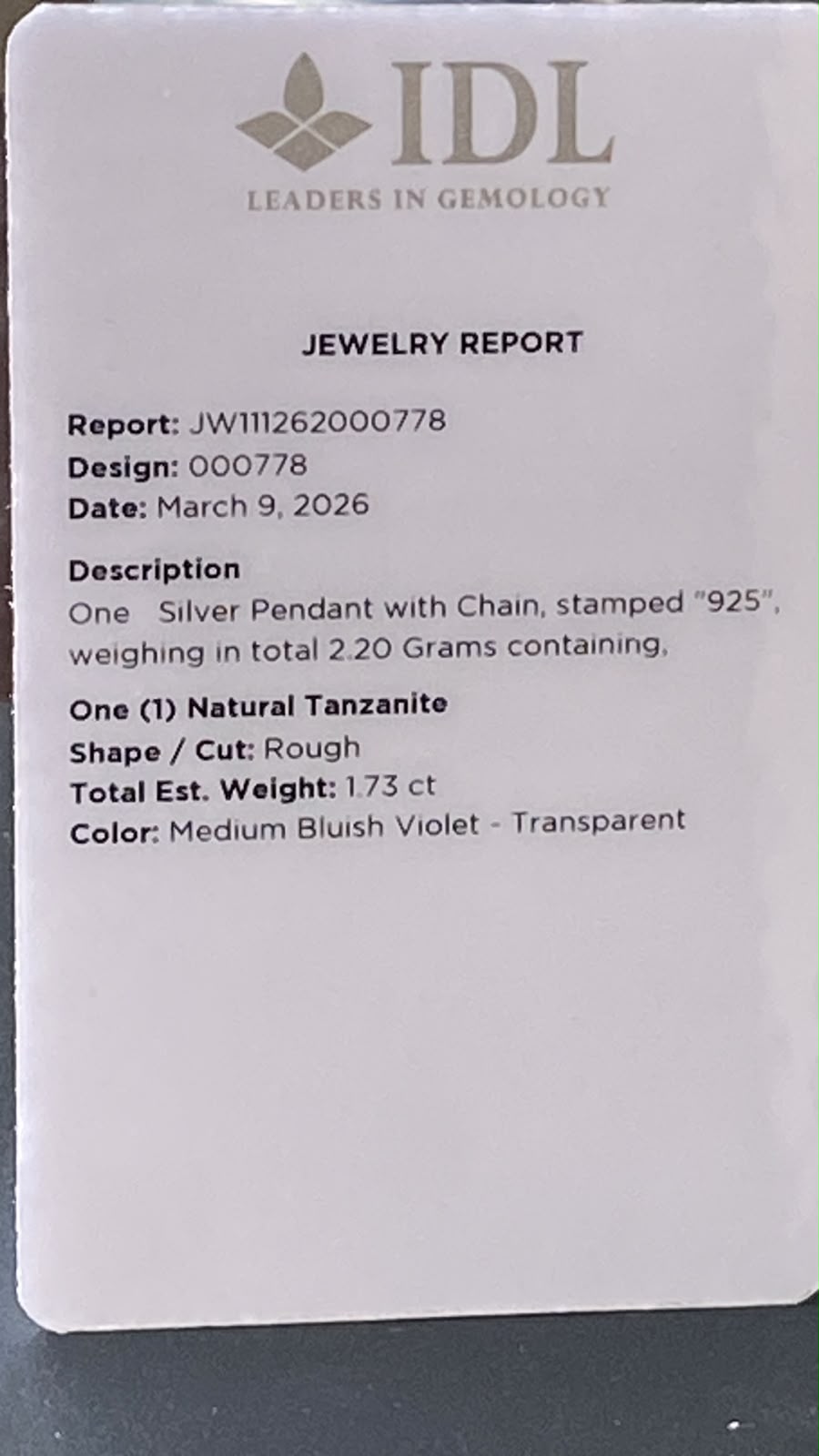 Certified Raw Tanzanite Pendant Single Origin 1.73 cts