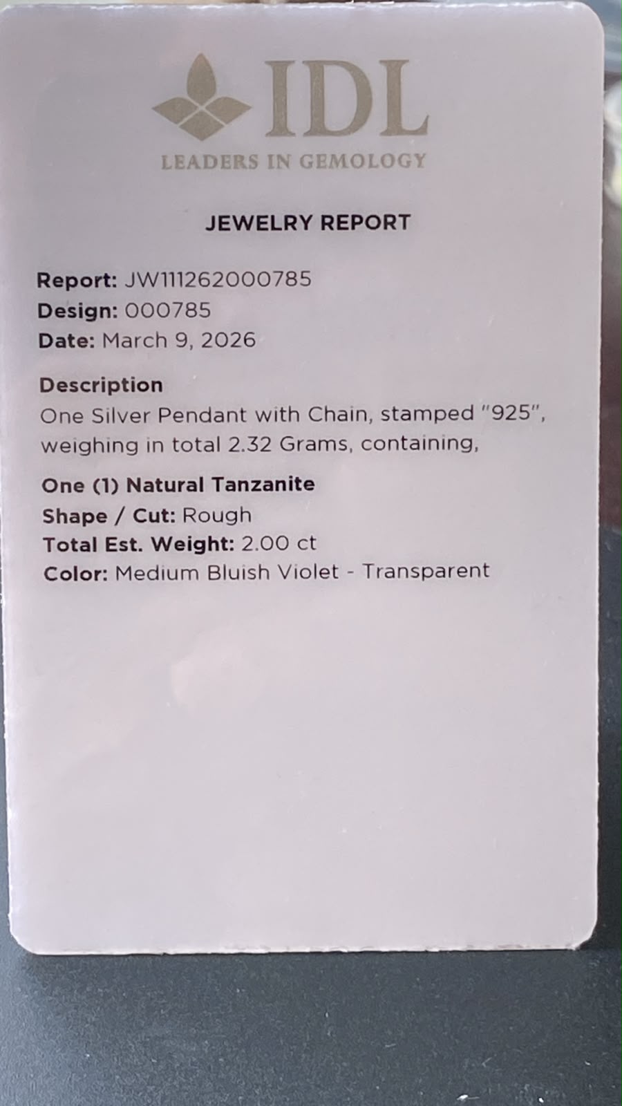 Raw Tanzanite Pendant Certified Merelani Tanzania   2.02 cts