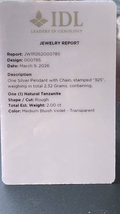 Raw Tanzanite Pendant Certified Merelani Tanzania   2.02 cts